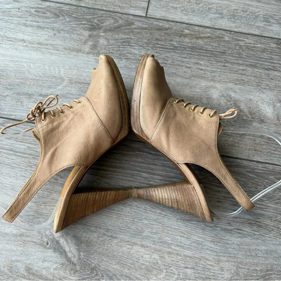 J Crew Peep Toe Lace Up Tan Leather Slingback Wooden Heel Pumps - Picture 7 of 13